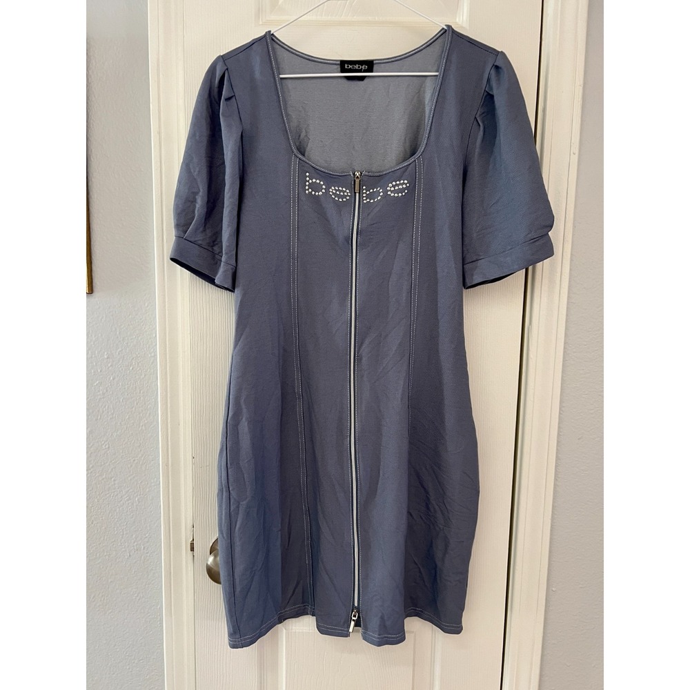 Bebe Dress Women's Large‎ Denim Look Rhinestone Logo Zip Front Puff Sleeve Y2K